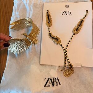 Zara Gold Bird Brooch and Leaf Necklace